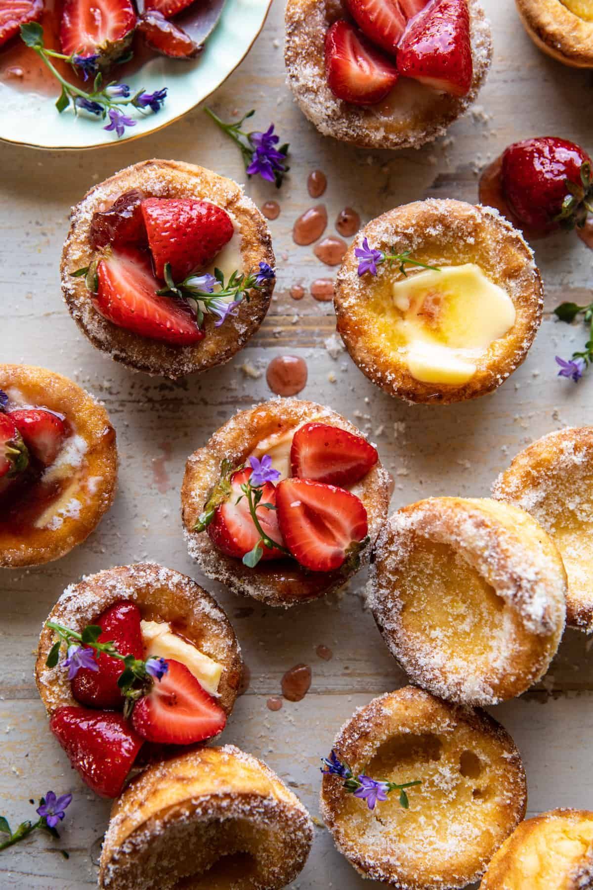 Baked dough topped with strawberry